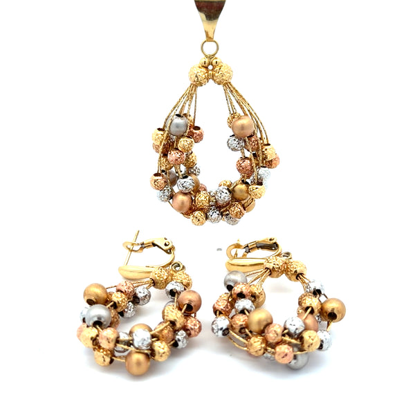 18K Tri-Color Gold Pair of Ladies Earrings With Matching Pendant