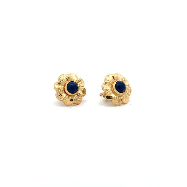 18K Gold Ladies Flower Studs With Lapiz Lazuli